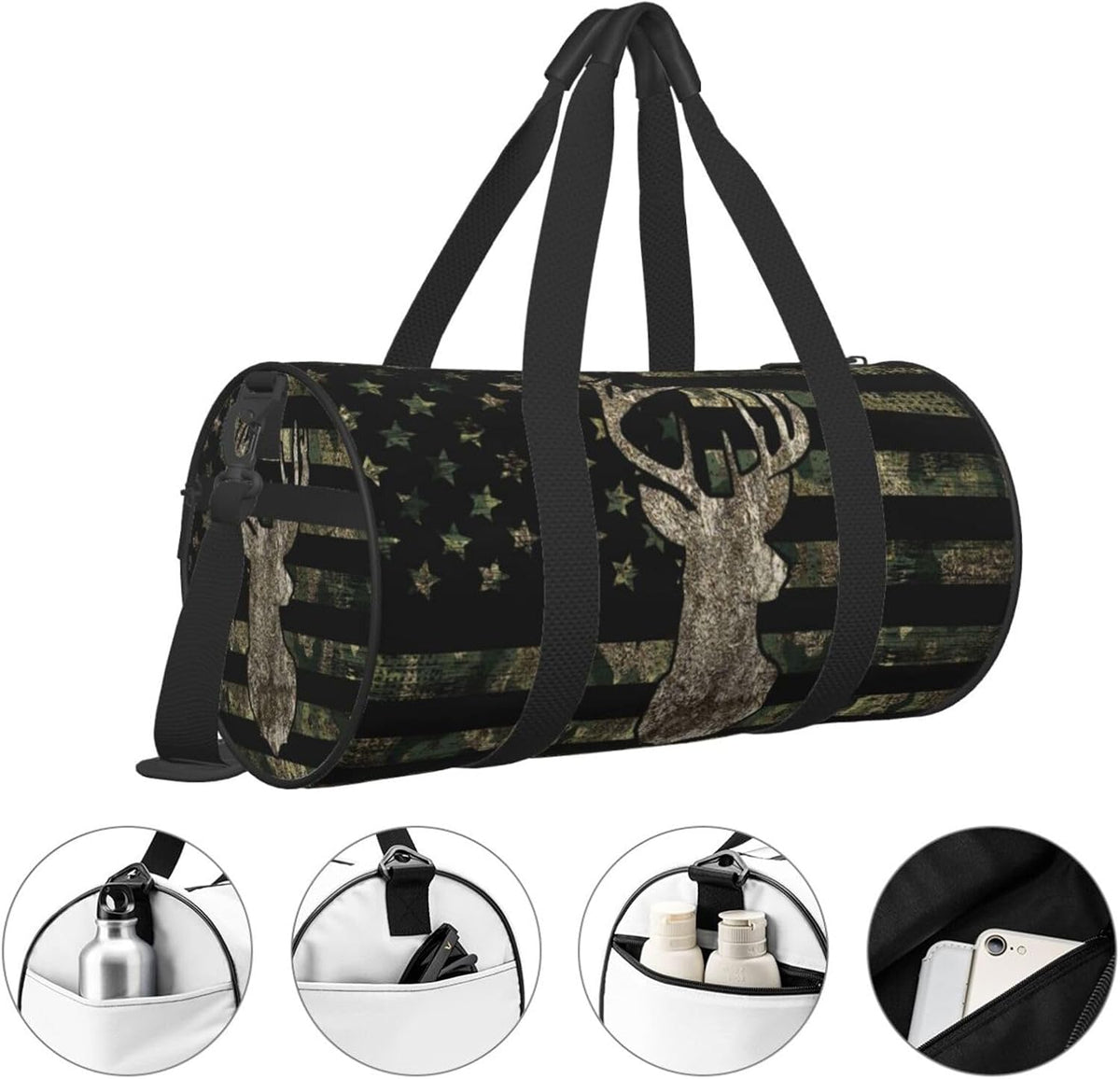 Camo Camouflage American Flag Hunting Deer Foldable Duffle Bag for Women - Workout Bag for Gym Men - Boy Gym Bag - Girls Small Weekender Duffel Bag - Packable Luggage Bag for Travel Sports