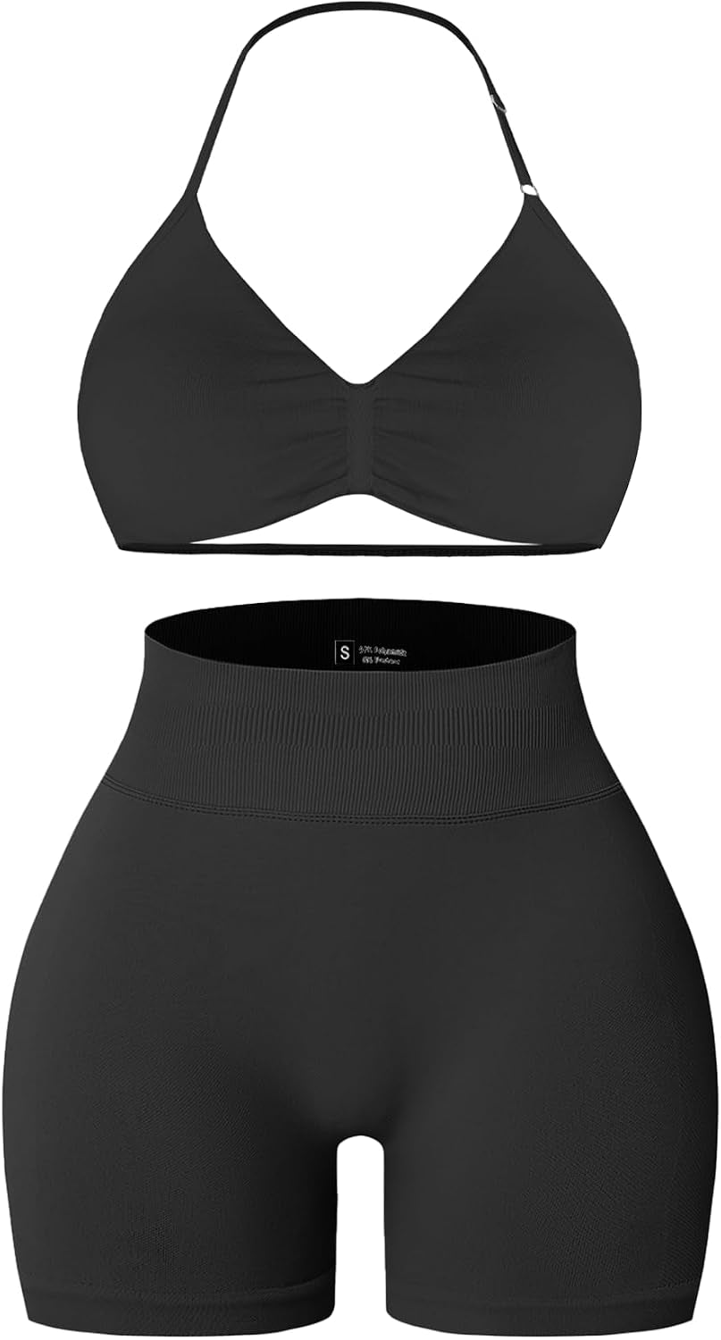 Women 2Piece Workout Sets Halter Sports Bra Gym Yoga Shorts Pilates Outfits