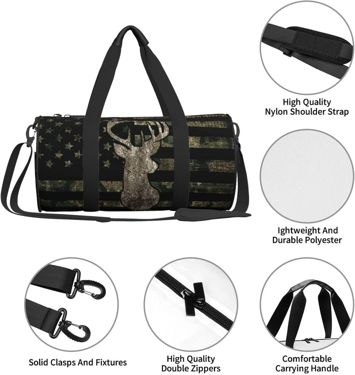 Camo Camouflage American Flag Hunting Deer Foldable Duffle Bag for Women - Workout Bag for Gym Men - Boy Gym Bag - Girls Small Weekender Duffel Bag - Packable Luggage Bag for Travel Sports