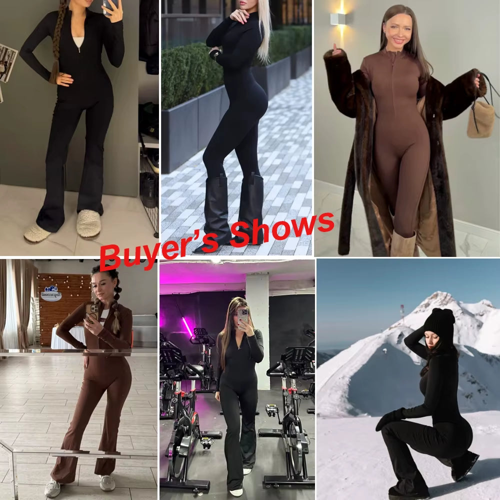 Flared Sport Jumpsuits Women Zipper Yoga Overalls Fitness Romper One Piece Suits Gym Bodysuits Workout Clothing Jumpsuit