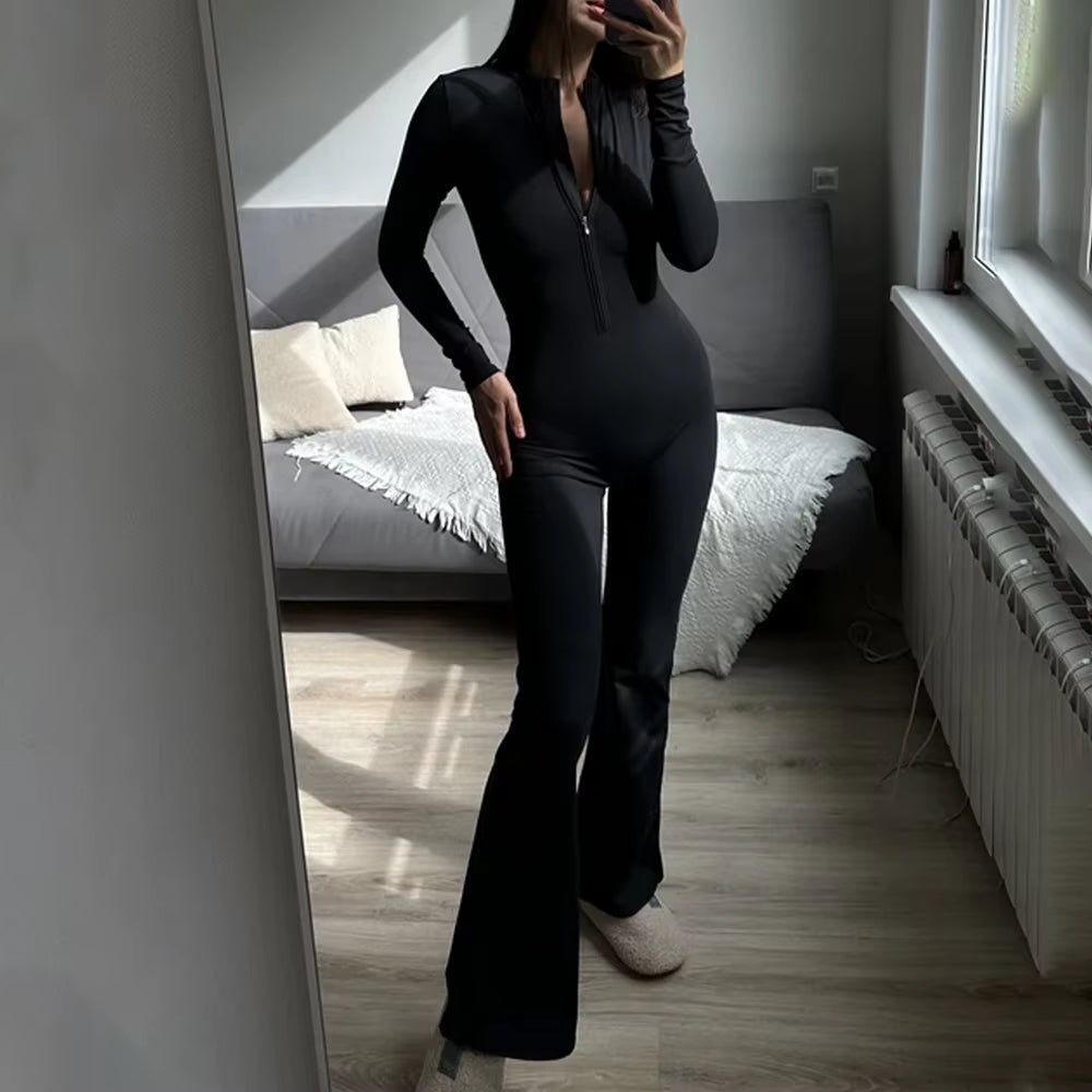 Flared Sport Jumpsuits Women Zipper Yoga Overalls Fitness Romper One Piece Suits Gym Bodysuits Workout Clothing Jumpsuit